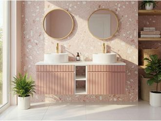 Vente-Unique Mobile bagno sospeso scanalato con nicchie e doppio lavabo da appoggio rotondo Rosa L140 cm - SATARA