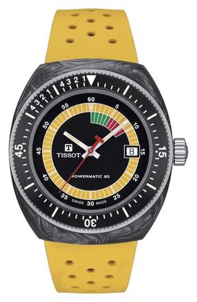Tissot Sideral S Powermatic 80 Rubber Strap Watch, 41mm in Black/Yellow at Nordstrom