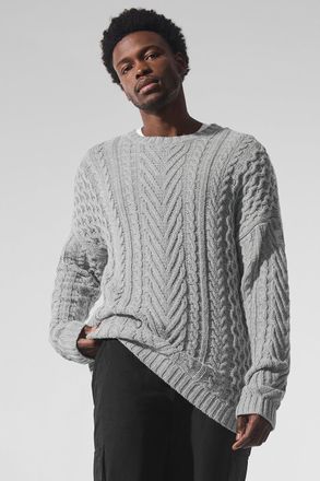 Alo | Cable Knit Crewneck Neck Sweater Top in Athletic Heather Grey, Size: Medium