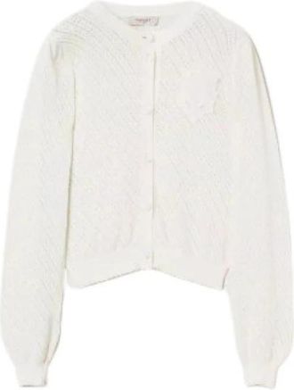 Twinset Diagonaal Gebreide Vest met Gehaakte Knopen - Dames - Vesten - Wit - M - Katoen - Truien & Vesten