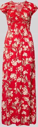 Apricot Maxikleid aus Viskose mit V-Ausschnitt und Smok-Details in Rot, Gr&ouml;&szlig;e XXL