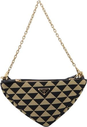 Prada Symbole Triangle Jacquard Beige Canvas Handbag (Pre-Owned)