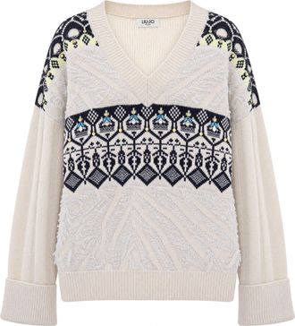 Liu Jo Natural Beige Fair Isle V-Neck Sweater