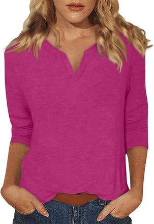 Generic 3/ Sleeve Tops for Women Summer Notched V Neck Plain T-Shirts Casual Cute Three Quarter Length Blouses Compression Shirt Women (Hot Pink, XXL)