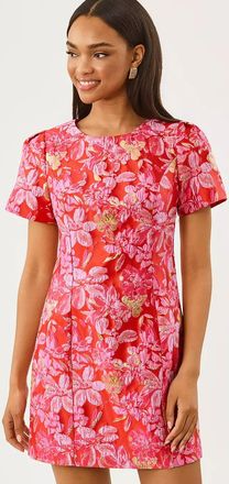 Lilly Pulitzer Womens Dover Short Sleeve Shift Dress in Brunch Punch Juicy Story Brocade, Size 12, Fitted