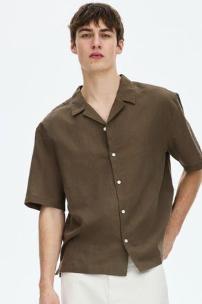 H&M Relaxed-fit linen-blend resort shirt in Dark Khaki Green at Nordstrom, Size Xx-Large