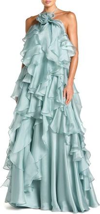 Mac Duggal Organza Halter Neck Open Back Ruffle Gown in Mint at Nordstrom, Size X-Large