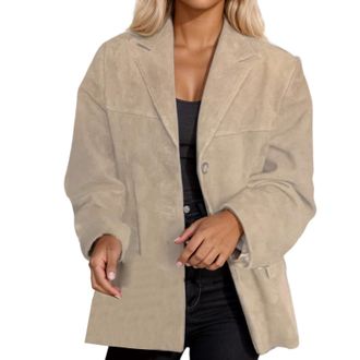 Generic Womens Faux Suede Jacket Long Sleeve Button Down Casual Business Work Outfits (Khaki, XXXL)