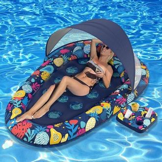 No Brand Hamaca Inflable Para Adultos Con Toldo, Colch&oacute;n Inflable Grande Para Piscina, Playa Y Jard&iacute;n