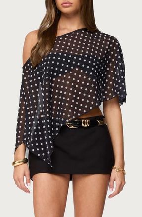 Edikted Asymmetric Polka Dot Chiffon Poncho in Black-And-White at Nordstrom, Size X-Large