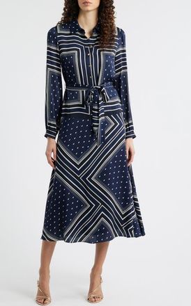 Elie Tahari The Hollie Diamond Rain Print Long Sleeve Silk Blend Midi Shirtdress at Nordstrom, Size X-Small