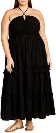 City Chic Ivy Clip Dot Tiered Halter Dress in Black at Nordstrom Rack, Size Xs/14W