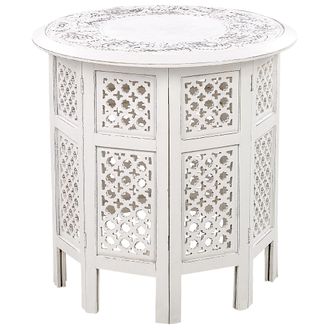 Beliani Mesa Auxiliar De Madera De Mango Blanco Crema 53 Cm Tallado Desgastado Elara