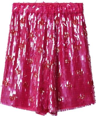 Dries Van Noten Korte Broeken, Dames, Roze, S, Pailletten, Pomy Bis Pailletten Versierde Streep Wijde Pijpen Shorts met Trekkoord