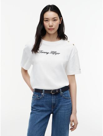 Tommy Hilfiger Womens Script Logo Cotton Interlock T-Shirt - Ecru - XXL