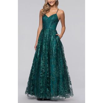Blondie Nites Glitter Corset Sleeveless Gown in Teal at Nordstrom, Size 1