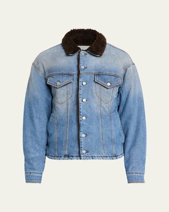 ERL Mens Denim Shearling Collar Trucker Jacket