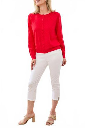 Tribal Button Down Front Pointelle Cardigan In Rouge