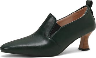 Generic Womens PU Leather Slip On Pumps Pointed Square Toe Elastic Panel Wooden Detail Heel Non Slip Durable Comfortable Daily Casual Shoes,Green,3.5 UK