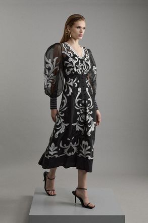 Karen Millen Womens Tall Applique Organdie Buttoned Woven Maxi Dress - Monochrome Multi - Size 8 UK