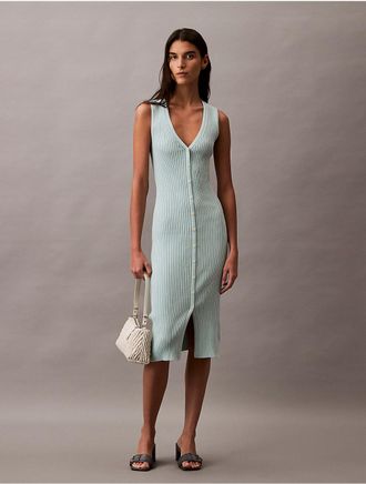 Calvin Klein Womens Smooth Cotton Rib Sweater Midi V-Neck Dress - Green - XS