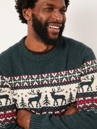 Fat Face FatFace Dark Green Reindeer Fairisle Knitted Crew Jumper