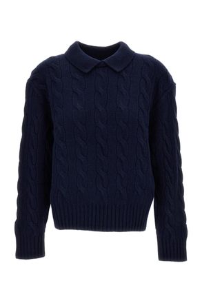 Polo Ralph Lauren Blue Cable-Knit Wool-Cashmere Polo Sweater