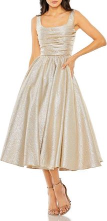 Mac Duggal Shimmering Square Neck Sleeveless A-Line Midi Dress in Oyster at Nordstrom, Size 16
