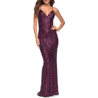 La Femme Print Sequin Gown in Jewel Tones with V Neckline in Dark Berry at Nordstrom, Size 10