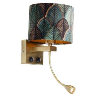QAZQA Wall Lamp Bronze with Velvet Lampshade Leaf Design and Gold Interior - Brescia Combi
