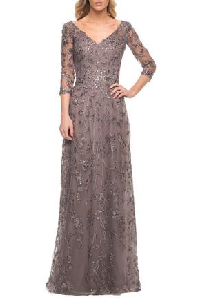 La Femme Beaded Lace Gown in Gunmetal at Nordstrom, Size 18