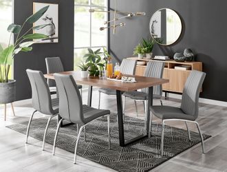 Furniturebox Kylo Large Brown Wood Effect Dining Table & 6 Isco Faux Leather Chairs in Grey