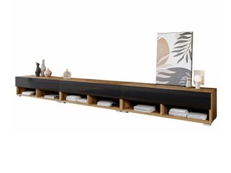 Mirjan24 Mobilier1 - Mueble Tv Sarasota 144, Roble Wotan + Negro Brillante, N&uacute;mero De Puertas: 0, N&uacute;mero De Cajones: 0, 300x30x33cm, Led