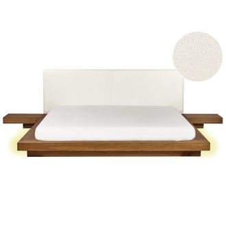 Beliani Beliani - Cama Moderna 180 X 200 Cm Con Plataforma Con Led Mesitas De Noche Cabecero De Boucl&eacute; Madera De Fresno Natural Zen