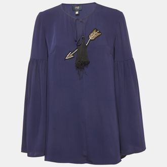 Roberto Cavalli Navy Blue Chiffon Embellished Lace Up Top