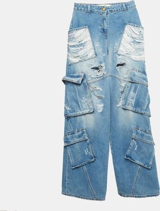 Elisabetta Franchi Blue Denim Sequined Cargo Jeans S/waist