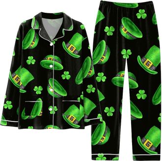 Generic St Patricks Day Outfits 2 Pieces Pajamas Matching Set Causal Loose Button Down Lucky Shamrock Print Tunic Green Day Tops and Loose Fit Wide Leg Lightw