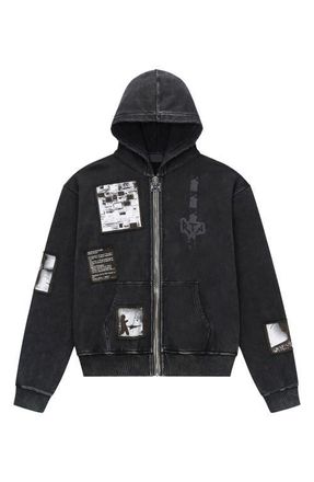 Rta Zev Distressed Digital Patch Zip Hoodie in Vintage Black Digital Patch at Nordstrom, Size Xx-Large