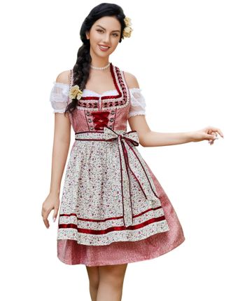 KOJOOIN Women Traditional Dirndl Oktoberfest Costume 3 Pieces Fancy Midi Skirt - Dress, Blouse, Apron Floral Red UK XXL