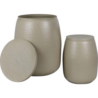 Happimess Merida Modern Rustic 2-Piece Hammered Metal Drum Storage Side Tables with Lids in Almond at Nordstrom
