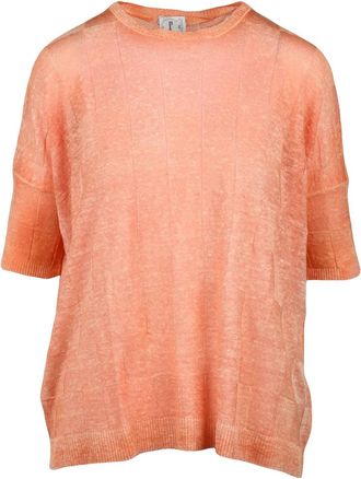 F CASHMERE Orange Textured Ribbed Linen-Blend Knit Top