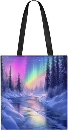 Generic Winter Landscape Northern Light Womens Tote Casual Shopping Bag Lightweight Shoulder Bags Hobos Handbag for Work Travel Daily 35x40cm
