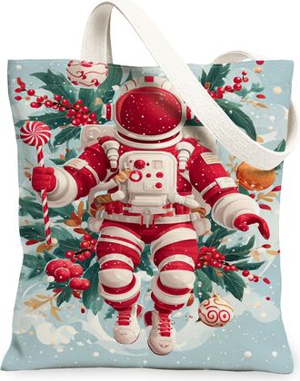 Generic Christmas Astronaut Canvas Tote Bags, Holiday Space Design Reusable Bags, Lightweight Washable Shoulder Strap Canvas for Tr, Red, 13x15 Inch