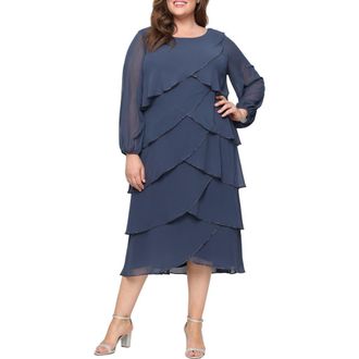 S.L. Fashions Bead Detail Long Sleeve Chiffon Cocktail Dress in Slate at Nordstrom, Size 16W