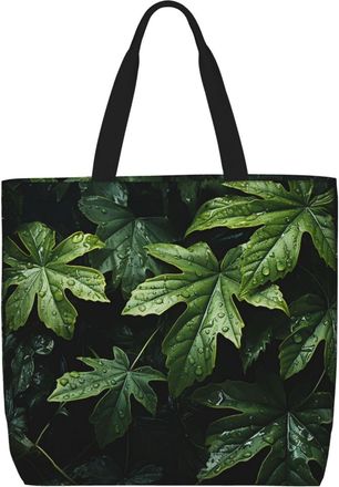 Generic Green Leaves Pattern Handbag Foldable Tote Bag Durable Shoulder Bags For Camping Travel Daily Use