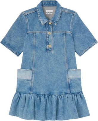 Ganni Kleedjes, Dames, Blauw, S, Denim, Patchwork Denim Peplum Mini Jurk