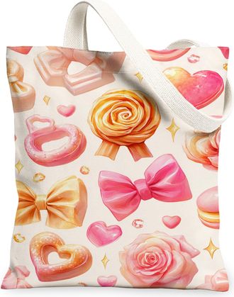 Generic Candy Floral Canvas Tote Bags, Cute Sweet Pattern Reusable Grocery Bags, Spring Chic Elegant Lightweight Washable Shoulder, Peach, 13x15 Inch
