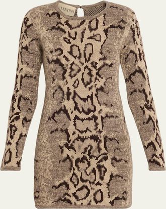 Valentino Garavani Ocelot Cashmere Long-Sleeve Mini Sweater Dress