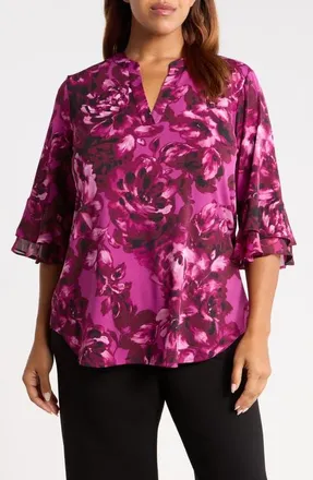 Kasper Floral Print Ruffle Sleeve Top in Cerise Multi at Nordstrom, Size 1X