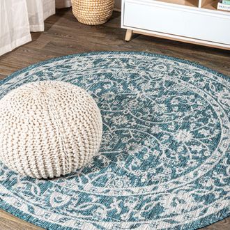 Jonathan Y Designs Palazzo Vine and Border Textured Weave Indoor/Outdoor Round Area Rug in Teal/gray at Nordstrom, Size 5Ft 0In X 5Ft 0In
